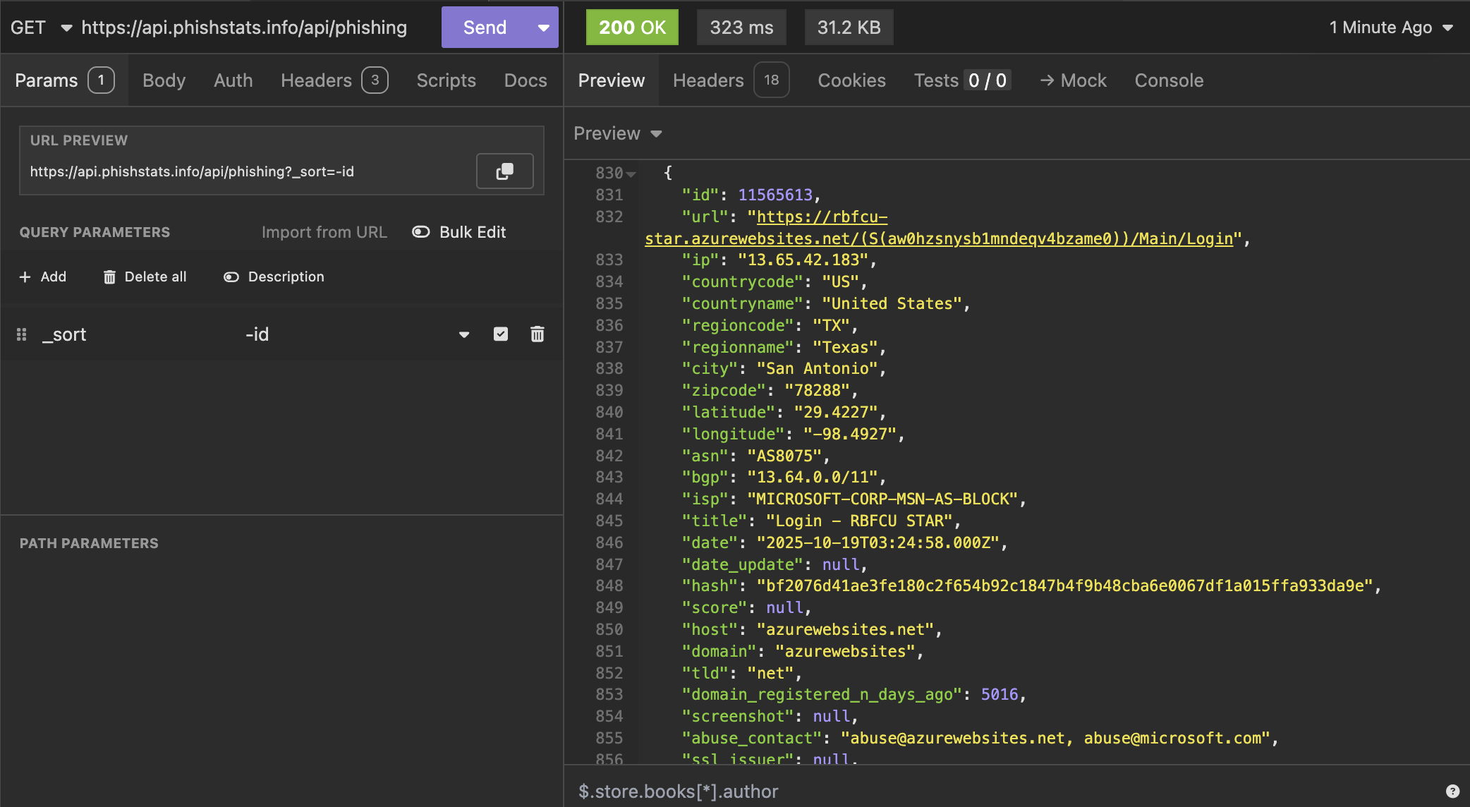 API interface showing request and response